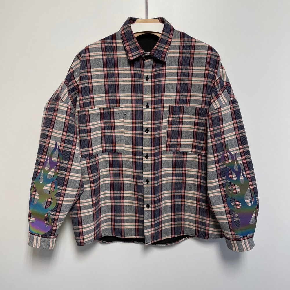 Nokwal Collection 7‎ Men's Plaid Flannel Shirt Flame Graphic Oversized Size M